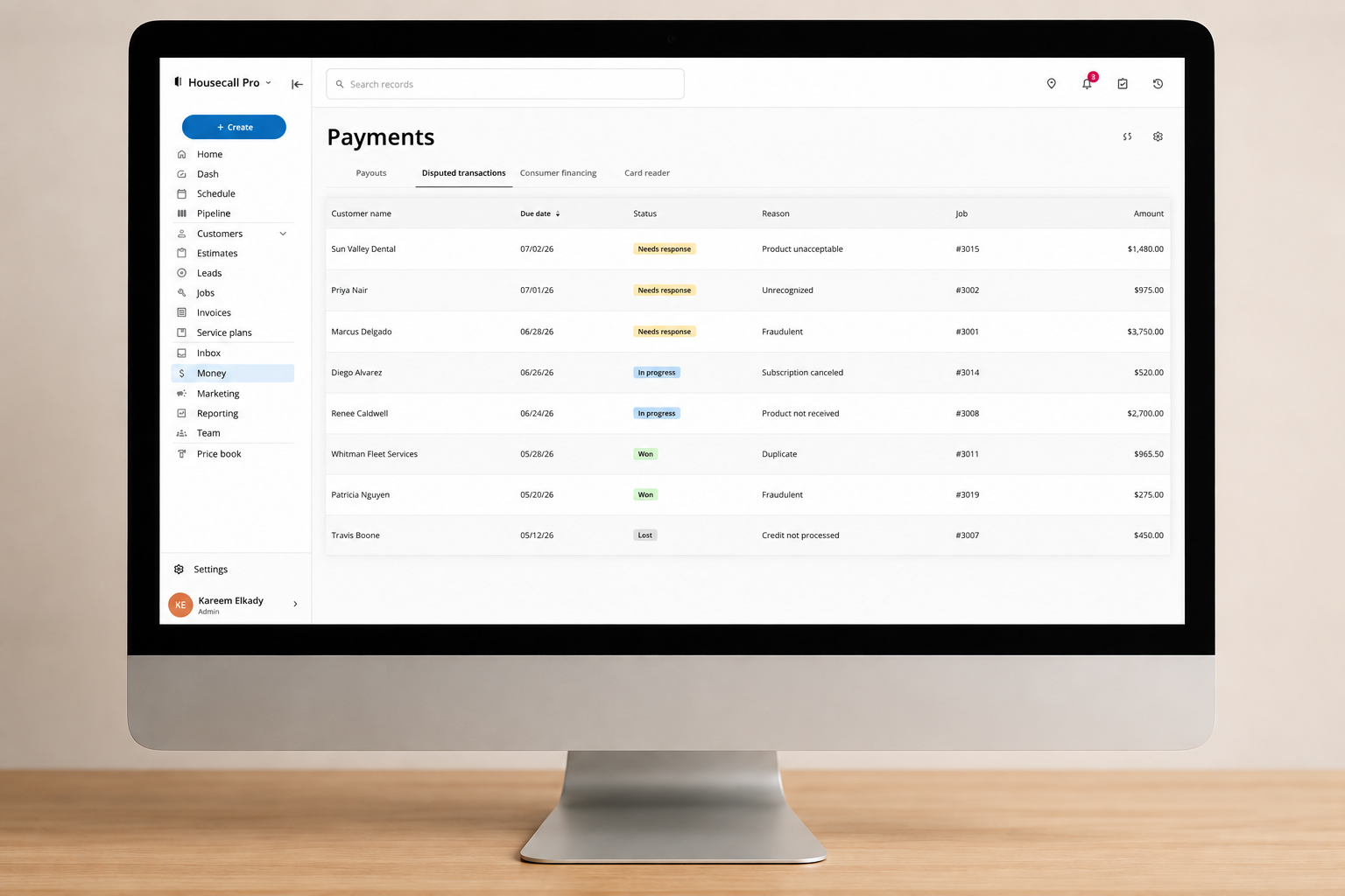 Housecall Pro payments dashboard showing the disputed transactions table, listing customers, due dates, status, reason, job, and amount
