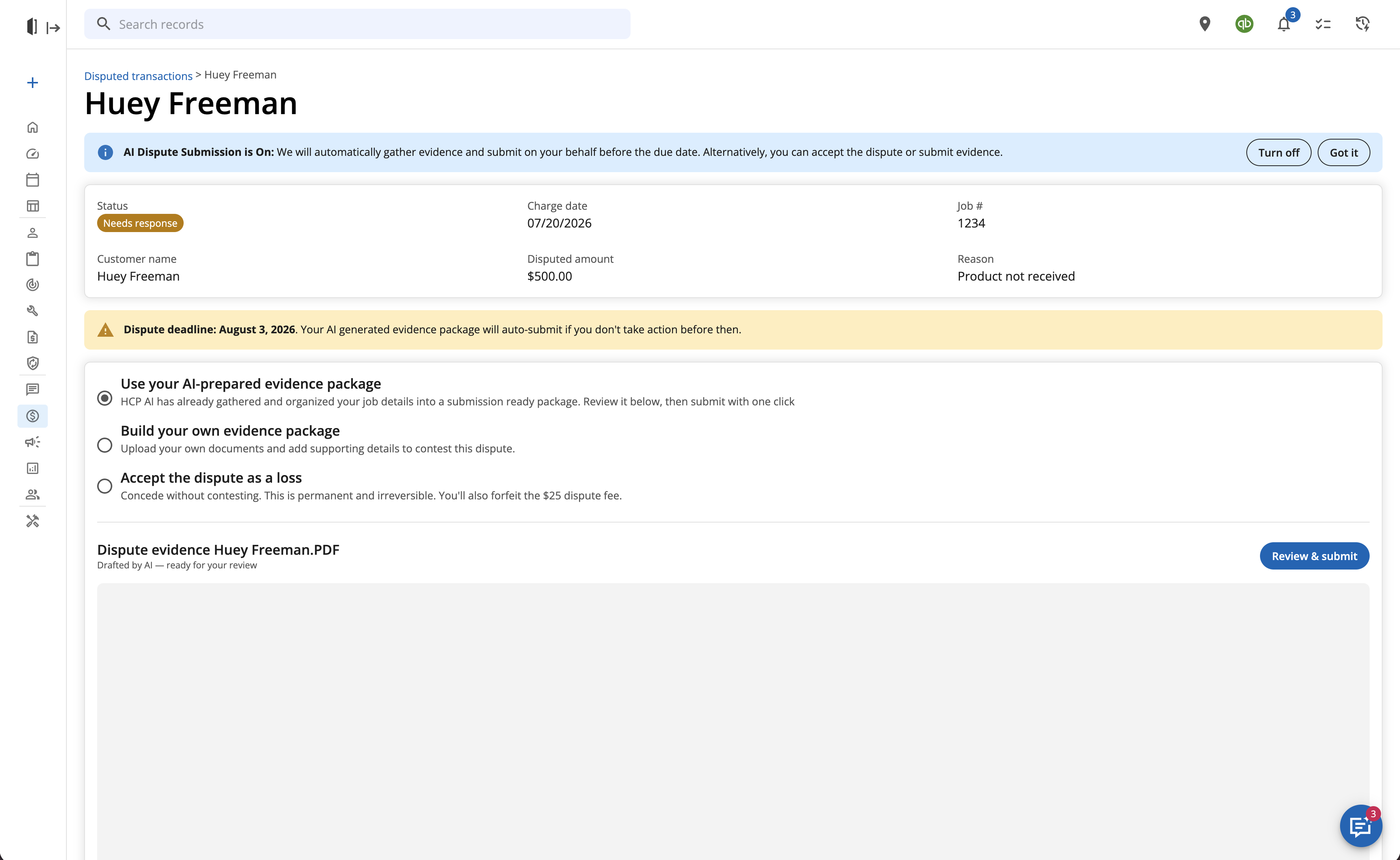 Dispute detail page with the AI Dispute Submission banner, the choice to use the AI-prepared package, and the drafted evidence PDF ready for review before submitting