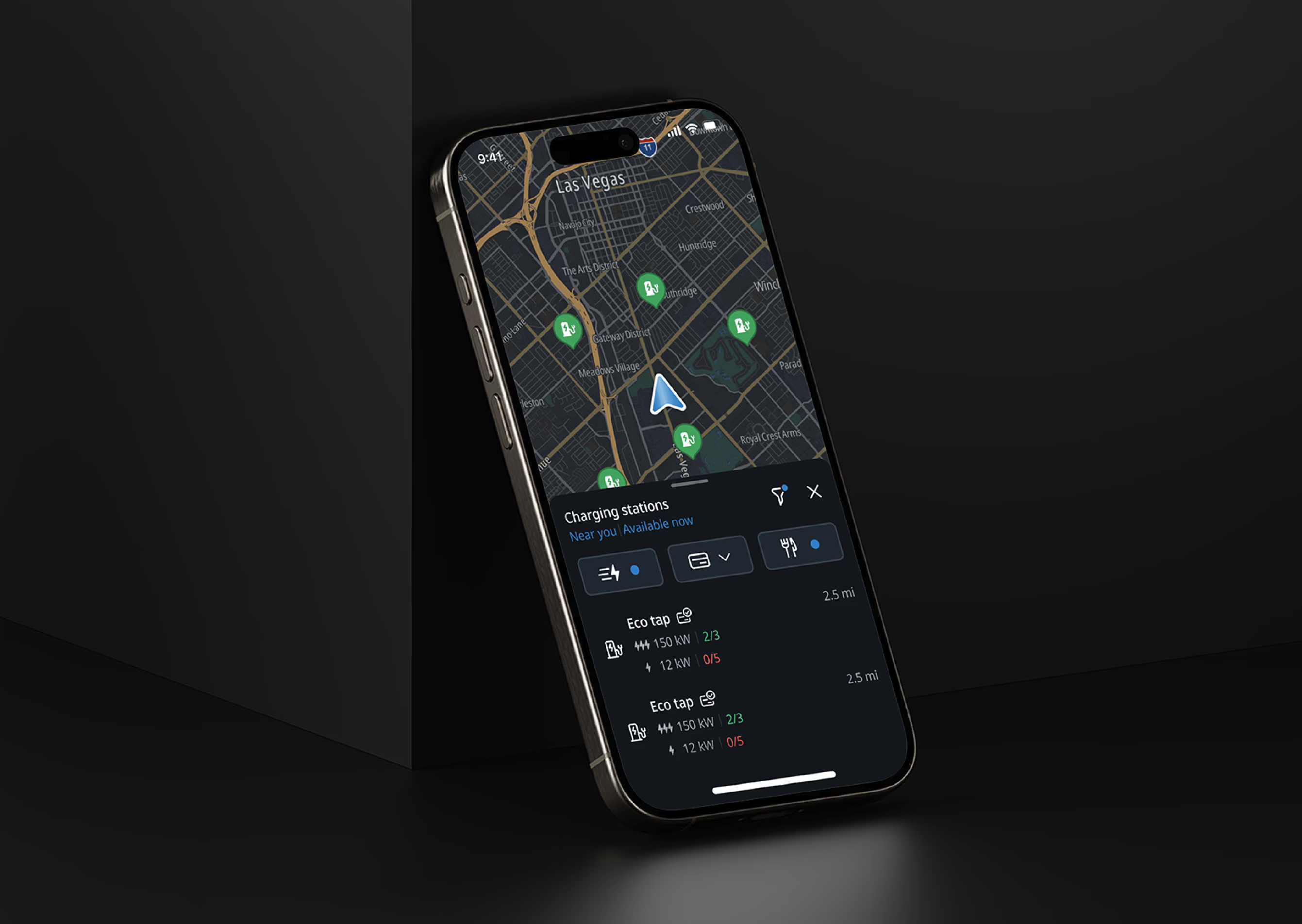 TomTom EV charger finder — charging stations map and results list on a phone