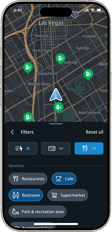 Charging station filters panel with services expanded, showing restaurant, cafe, restroom, supermarket, and park amenity options