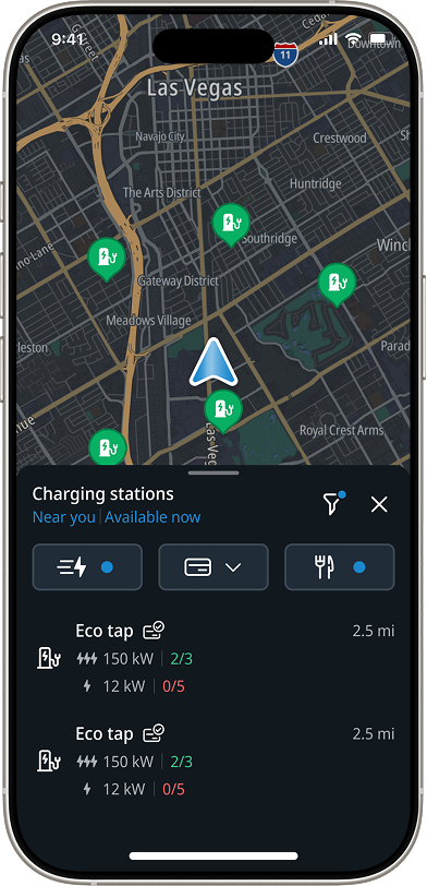 Charging station results list filtered to stations with the selected amenities nearby