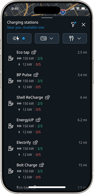 Charging station results list showing two nearby Eco tap stations matching the selected filters