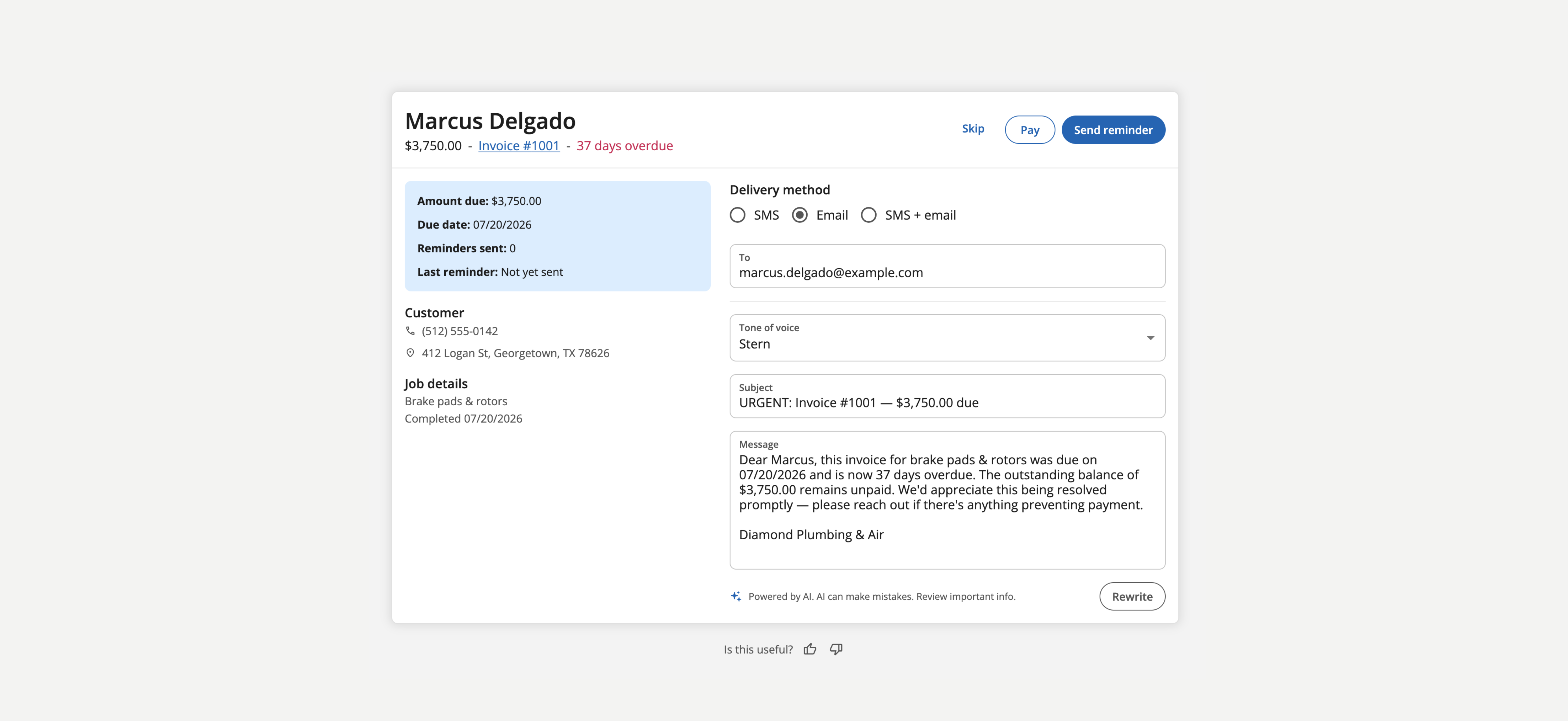 Money AI reminder assistant showing an overdue invoice for Marcus Delgado, with delivery method, tone of voice, and an AI-drafted reminder message ready to send