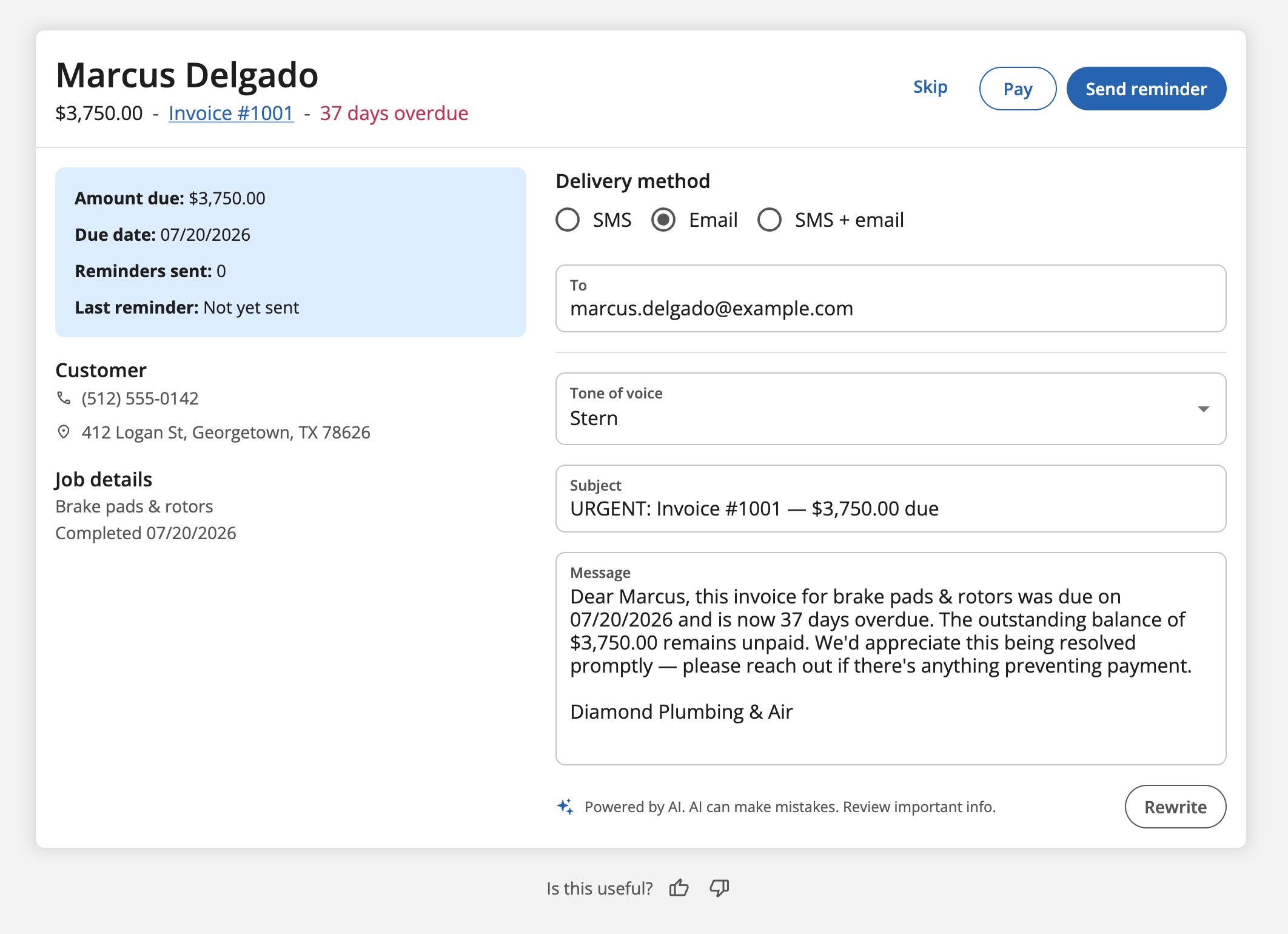 Invoice follow-up card showing an overdue invoice for Marcus Delgado, with delivery method, tone of voice, and an AI-drafted reminder message ready to send