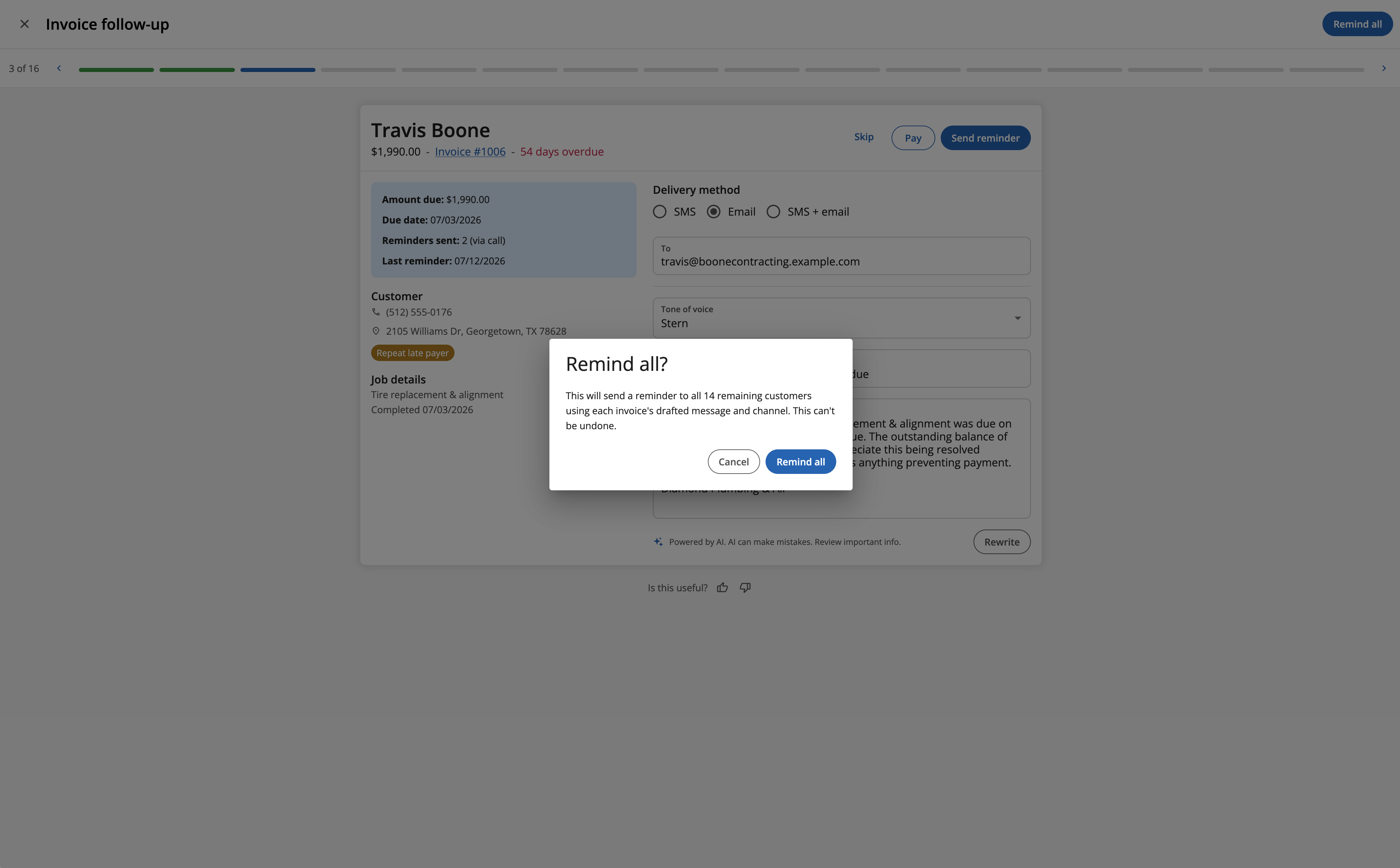 Invoice follow-up flow showing a 'Remind all?' confirmation dialog, warning that reminders will be sent to all 14 remaining customers using each invoice's drafted message and channel