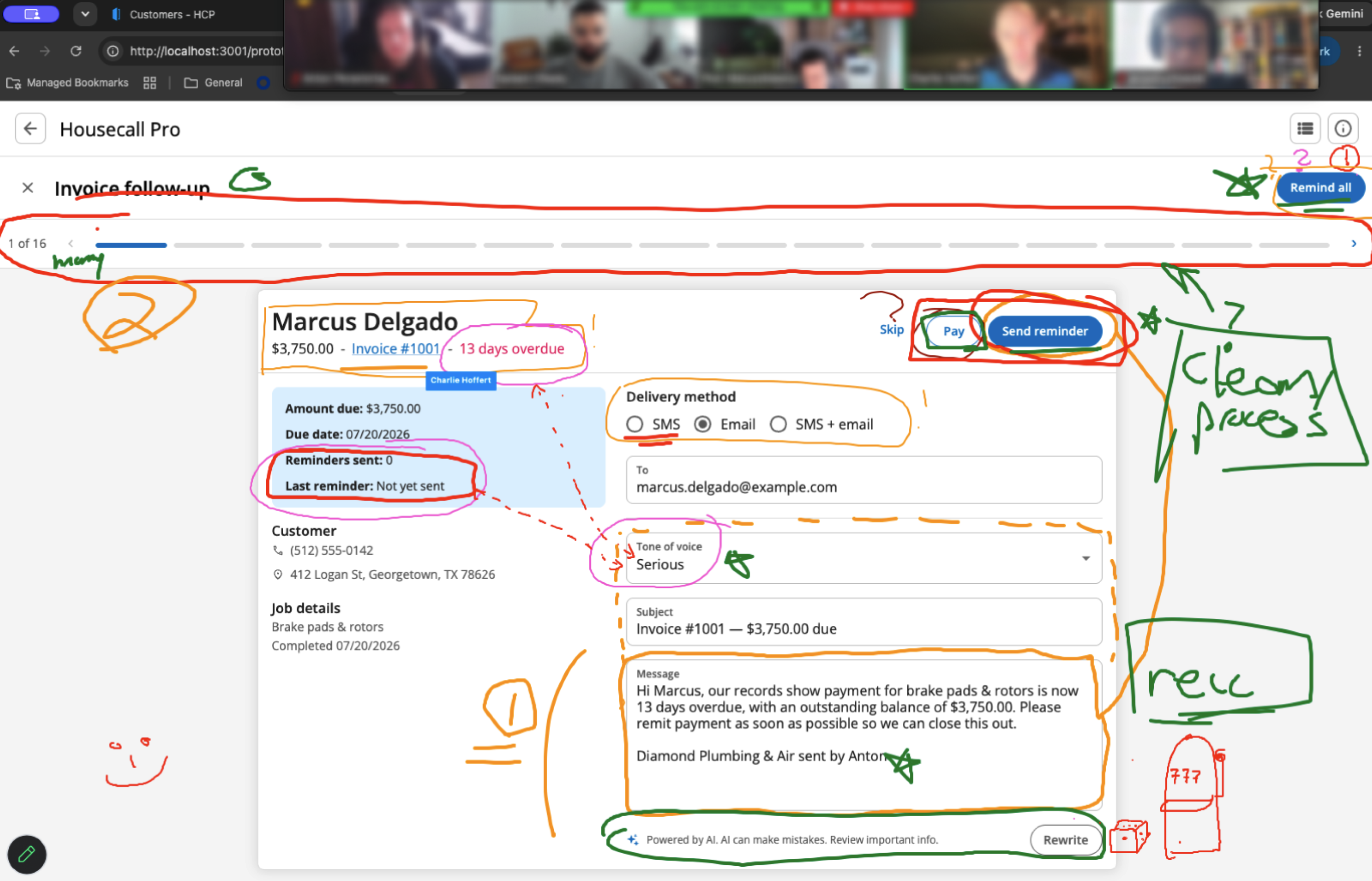 Remote design review with annotated feedback marked up over the invoice follow-up flow, alongside a video call with the team