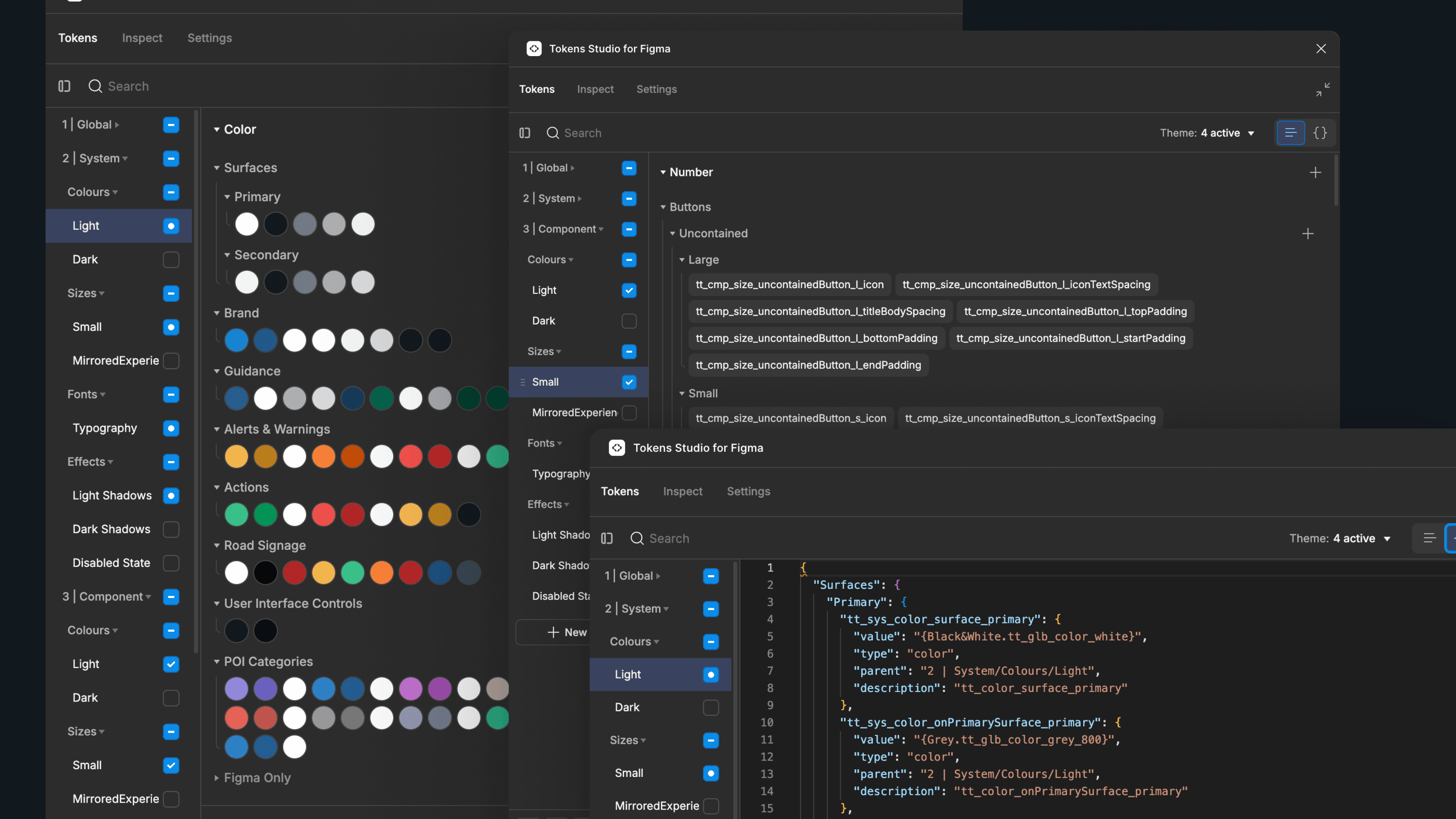 Figma tokens panel showing the global, system, and component token structure