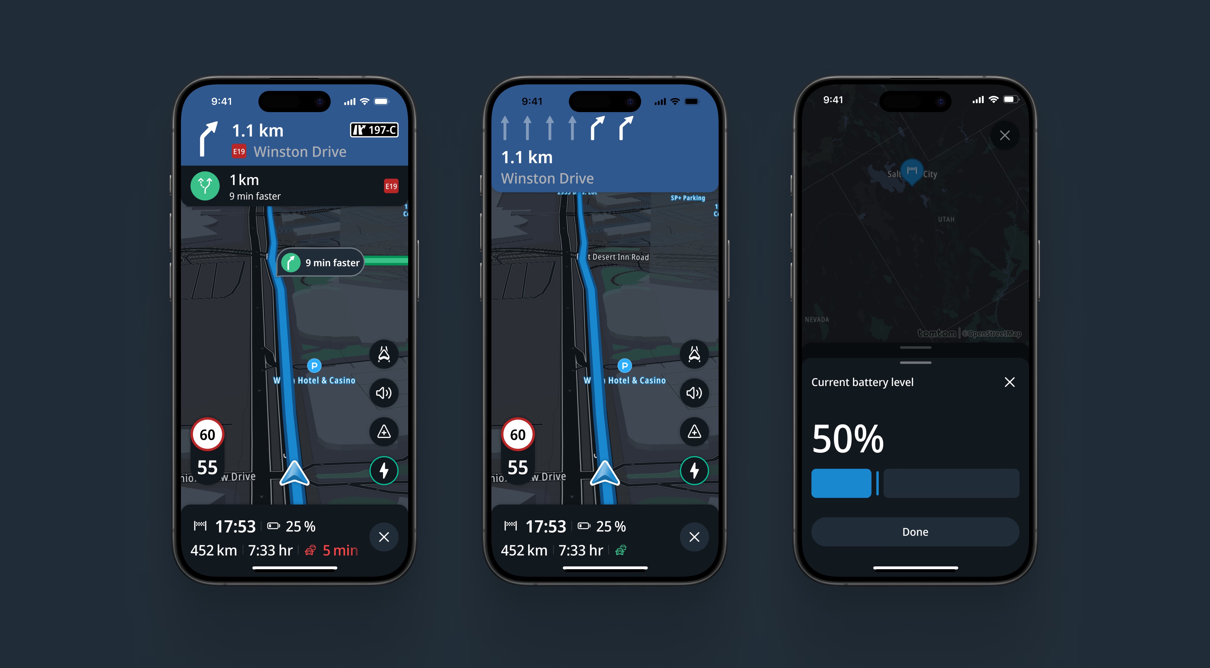TomTom flagship app — turn-by-turn navigation, junction view, and EV battery status screens