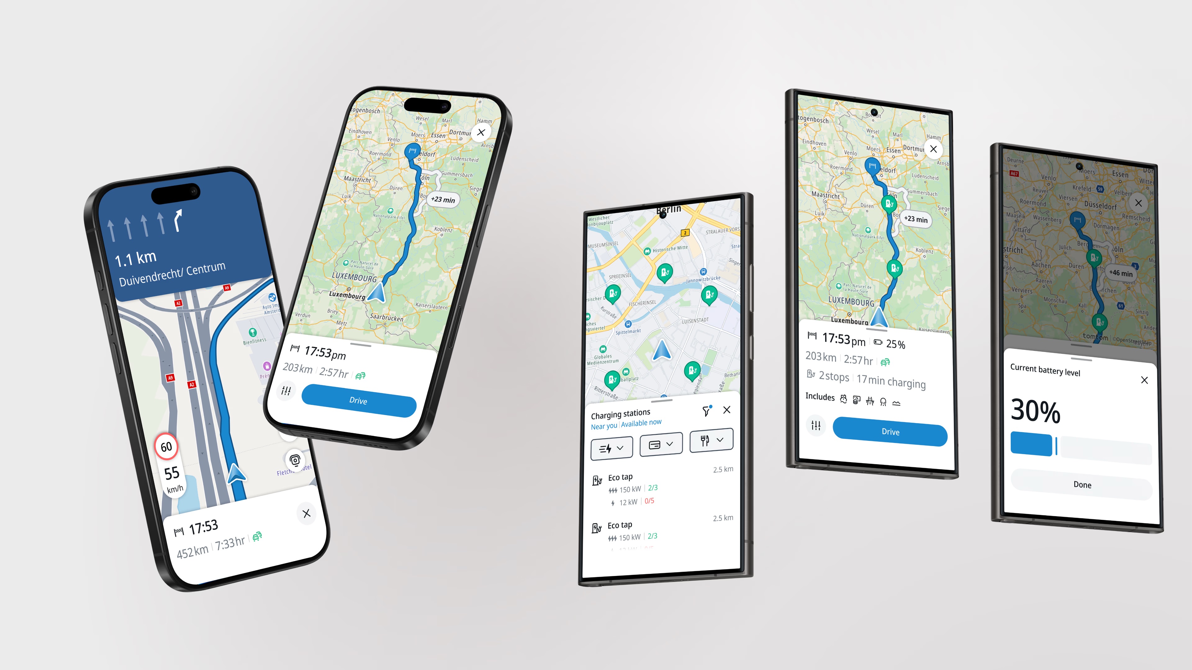 Mockups of the new TomTom app showing turn-by-turn navigation, route planning, EV charging station search, and battery level screens