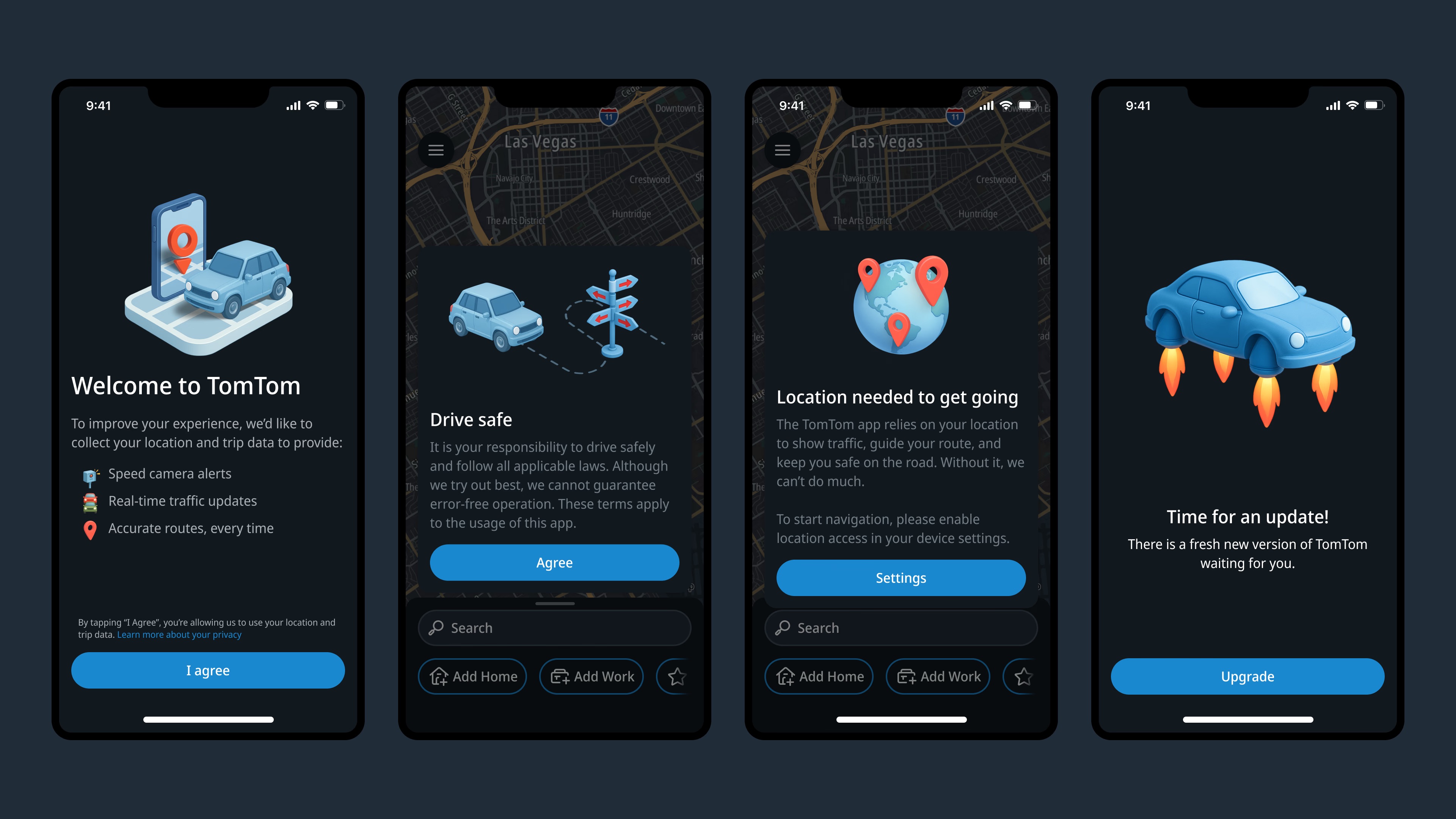 Onboarding screens for the new TomTom app — welcome, drive safe disclaimer, location permission, and update prompt