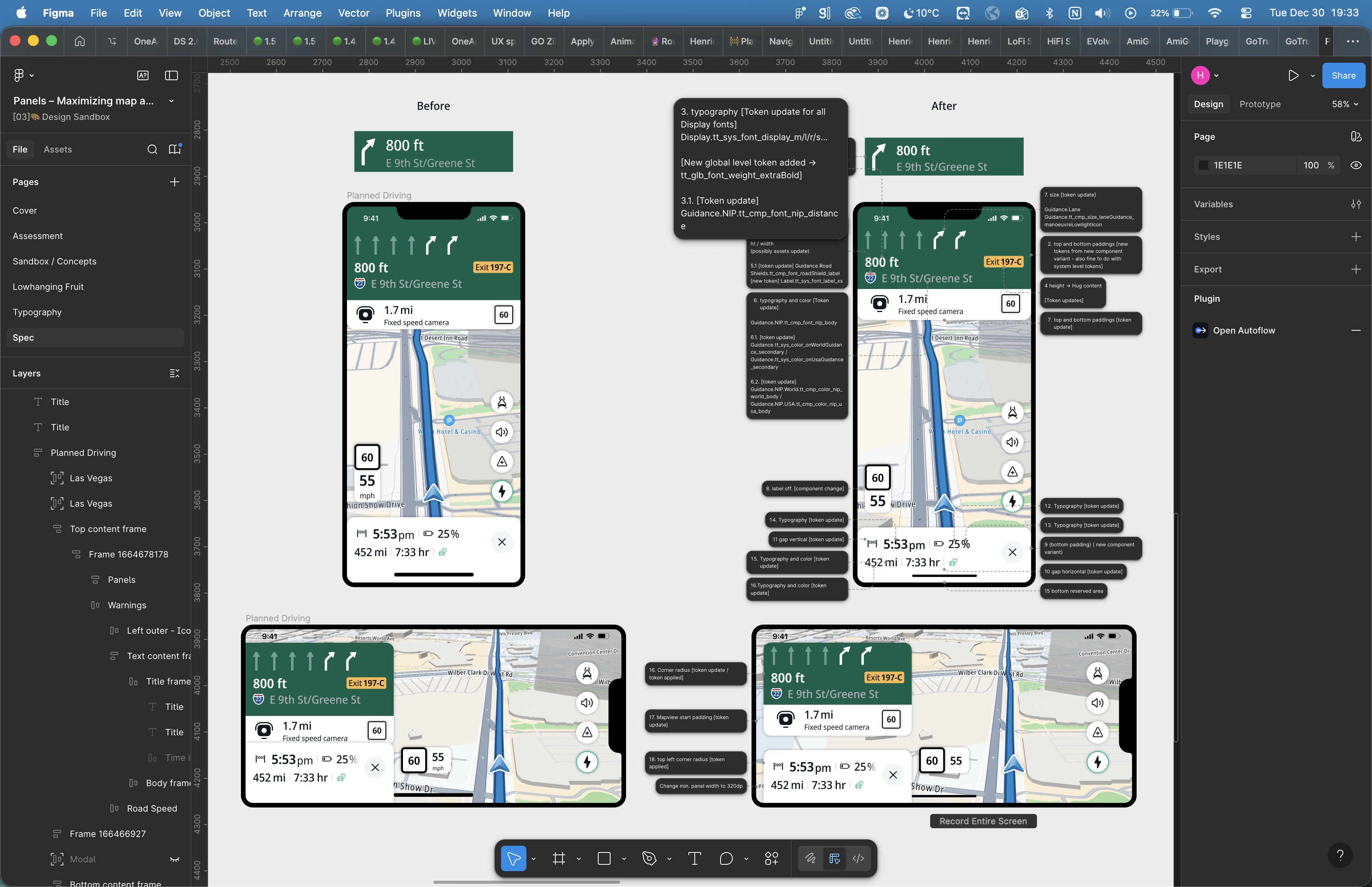 Figma spec showing before-and-after token updates to the navigation panel — typography, spacing, and color token changes annotated between the two versions