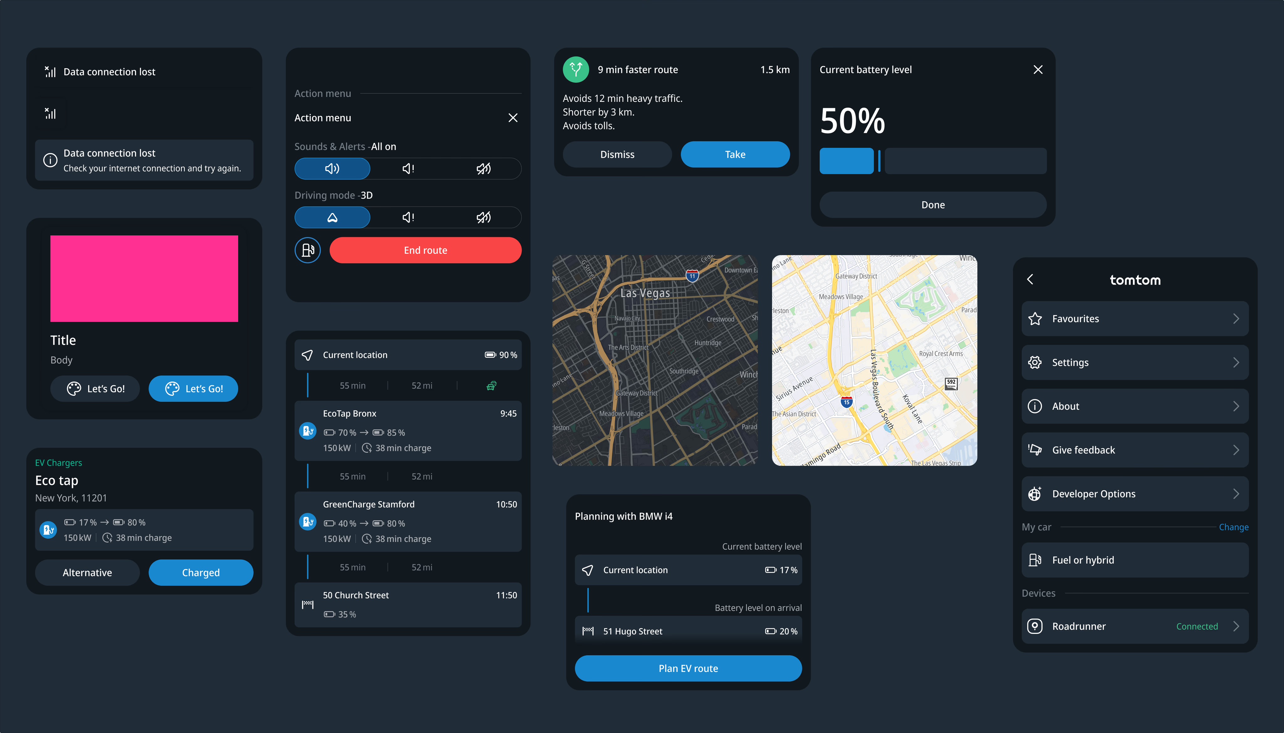 Screens for the app's core system components — action menus, EV charging cards, route suggestions, battery level, and settings